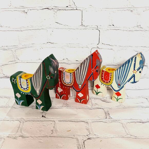 Handcrafted Set/3 Vintage Wooden Dala Horse Candleholders-Chinese Folk Art Décor - Picture 1 of 10